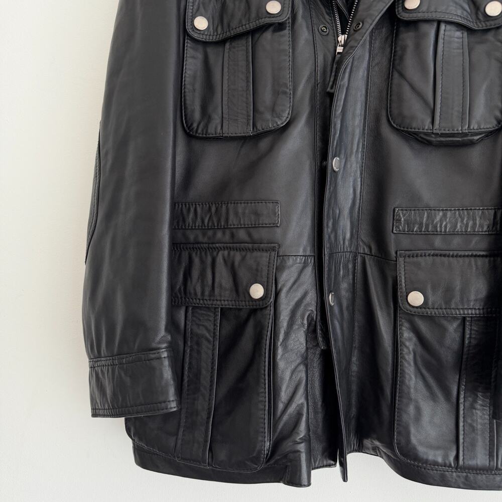 Hugo Boss Leather Jacket Men 38R Black Goatskin Military Field Biker Safari Coat - Picture 4 of 12